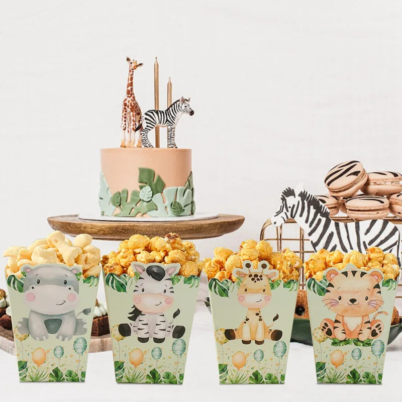 Kidslands® | Lot de 6 Boîtes Popcorn Animaux de la Jungle – Boîtes à Friandises en Papier | Anniversaire, Baby Shower, Soirée Cinéma
