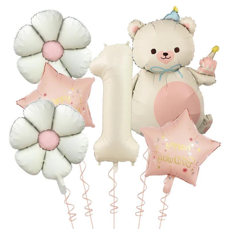 Kidslands® | Set Ballons Marguerite Chiffre & Ourson – 6pcs | Déco Anniversaire & Baby Shower