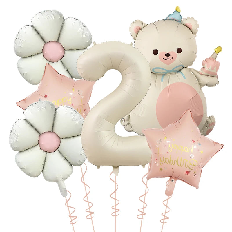 Kidslands® | Set Ballons Marguerite Chiffre & Ourson – 6pcs | Déco Anniversaire & Baby Shower