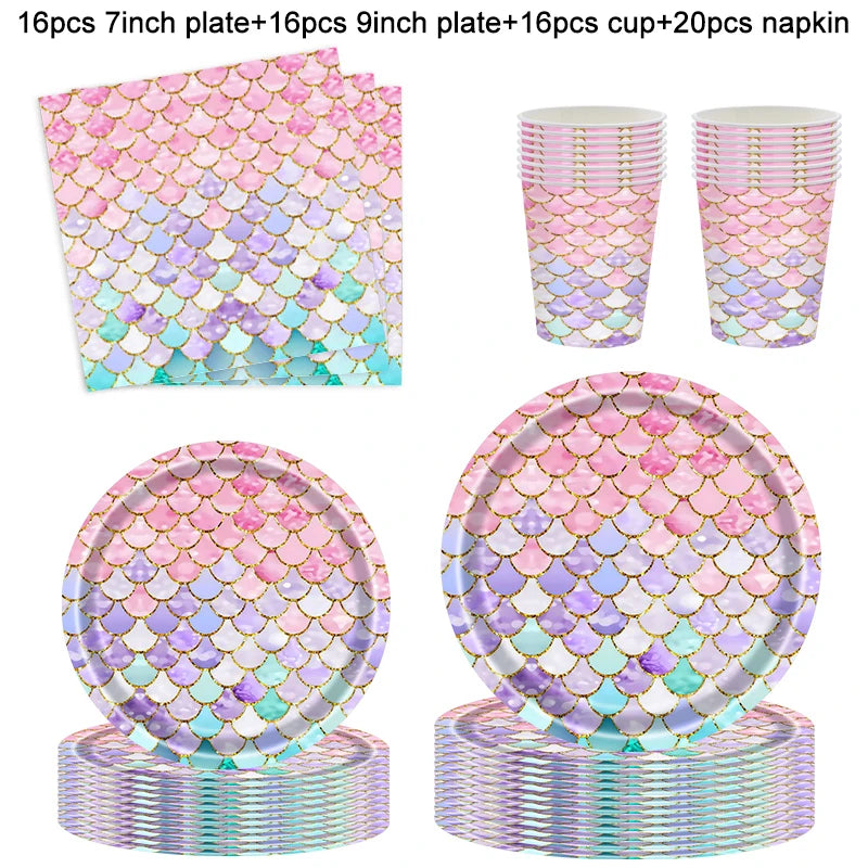Kidslands® | Kit Vaisselle Jetable Sirène – Thème Océan Assiettes, Gobelets, Serviettes & Décorations