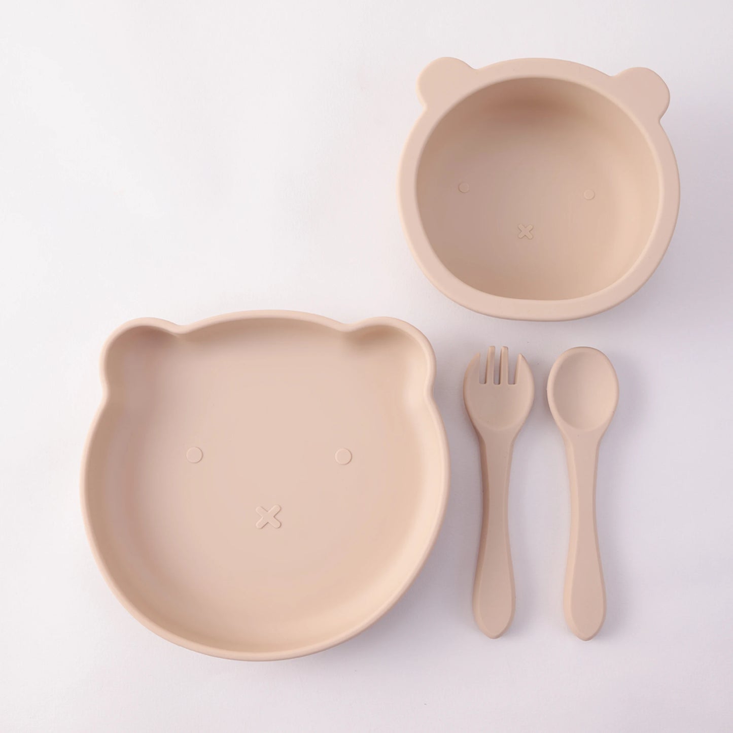 Kidslands® | Coffret repas bébé 4 pièces en silicone – Bol ventouse, assiette, cuillère & fourchette