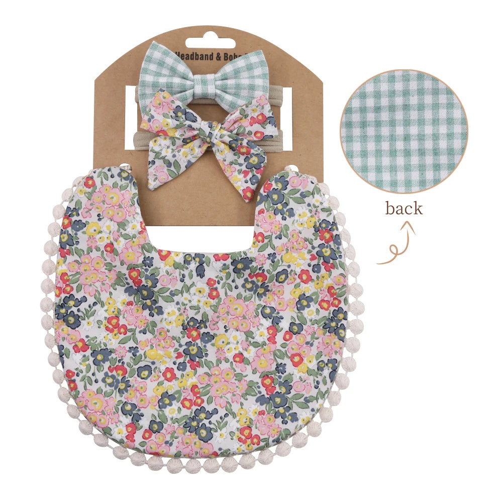 Kidslands® | Lot de 1 Bavoir Réversible Bandana Bébé - Motifs Fleuris + 2 Bandeaux Cheveux Assortis