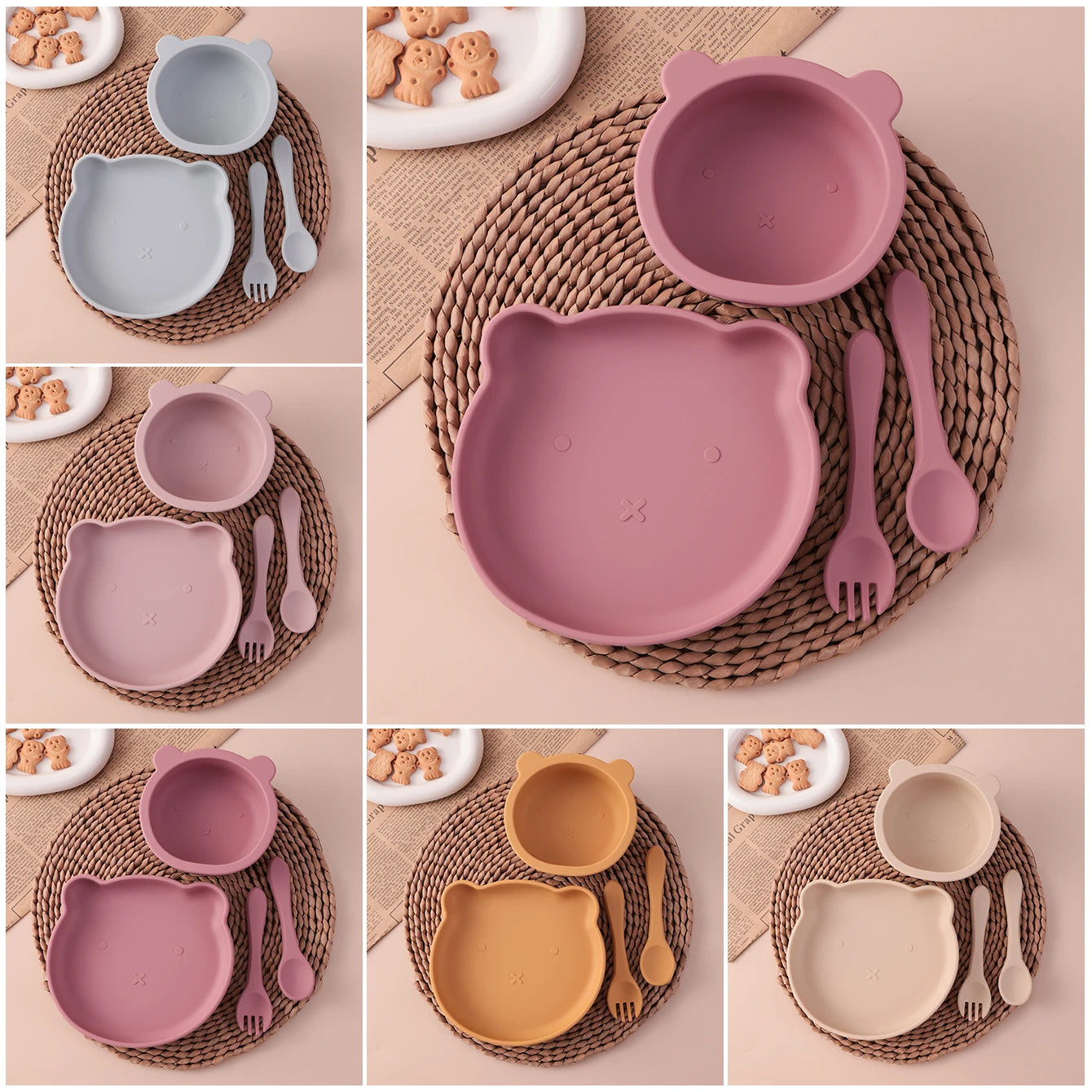 Kidslands® | Coffret repas bébé 4 pièces en silicone – Bol ventouse, assiette, cuillère & fourchette