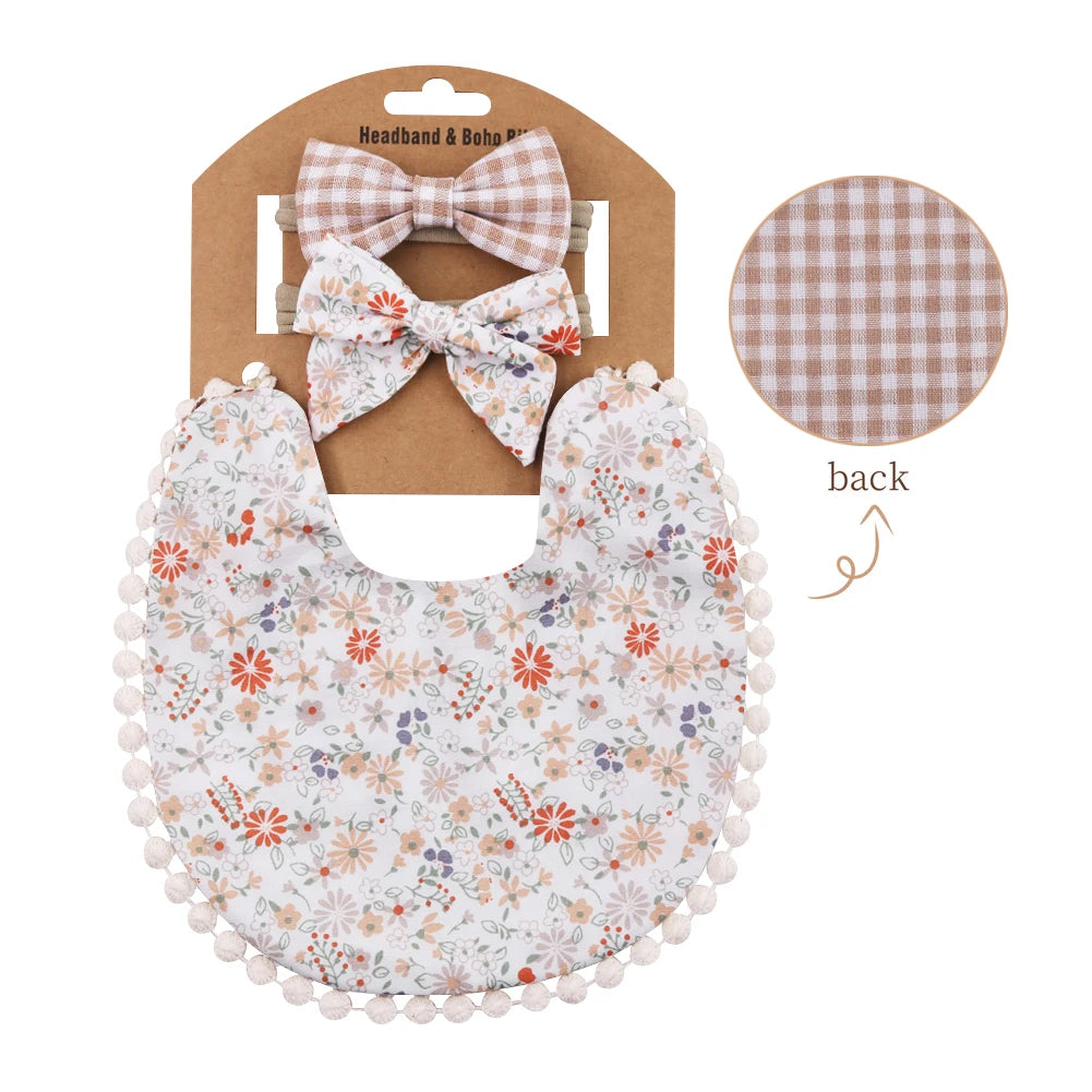 Kidslands® | Lot de 1 Bavoir Réversible Bandana Bébé - Motifs Fleuris + 2 Bandeaux Cheveux Assortis
