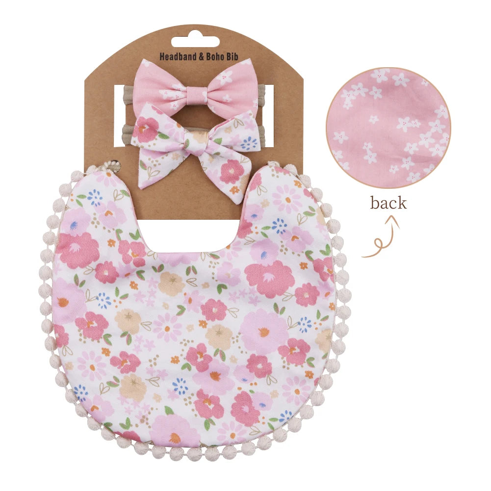 Kidslands® | Lot de 1 Bavoir Réversible Bandana Bébé - Motifs Fleuris + 2 Bandeaux Cheveux Assortis