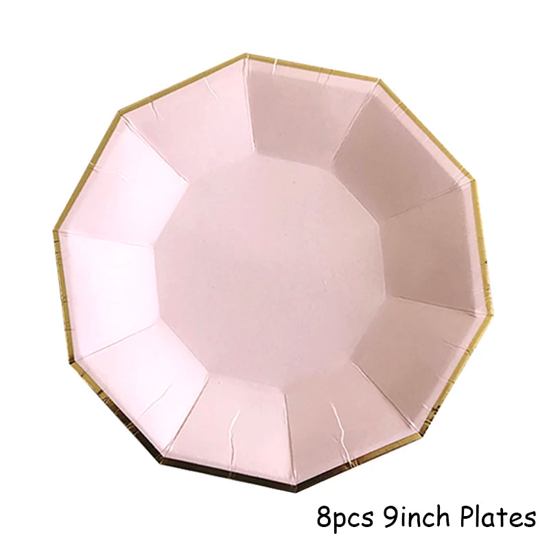 Kidslands® – Set Vaisselle Jetable Rose & Doré | Assiettes, Gobelets, Serviettes & Pailles pour Baby Shower ou Anniversaire