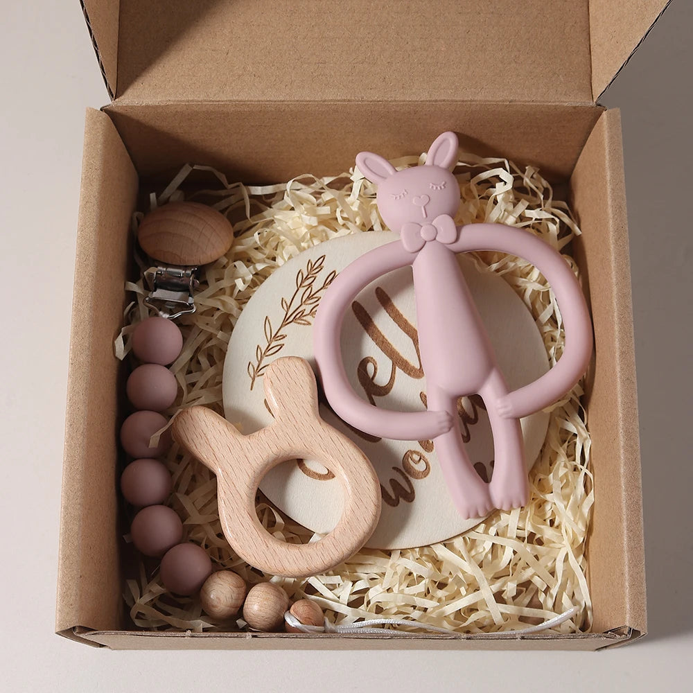 Kidslands® | Coffret Cadeau Bébé – Hochet, anneau dentition, attache-tétine silicone & bois