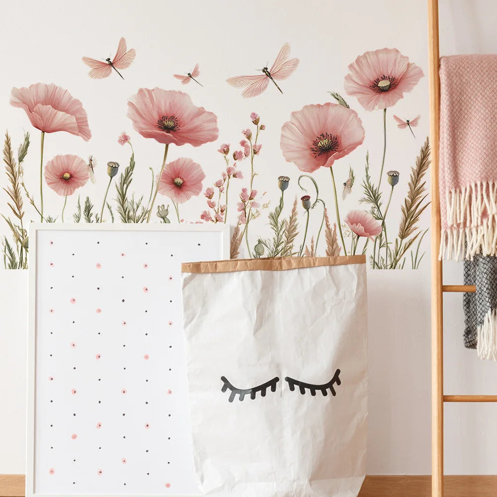 Kidslands® | Stickers Muraux Fleurs Aquarelle Coquelicot & Libellules –Déco Murale Panoramique Romantique Rose