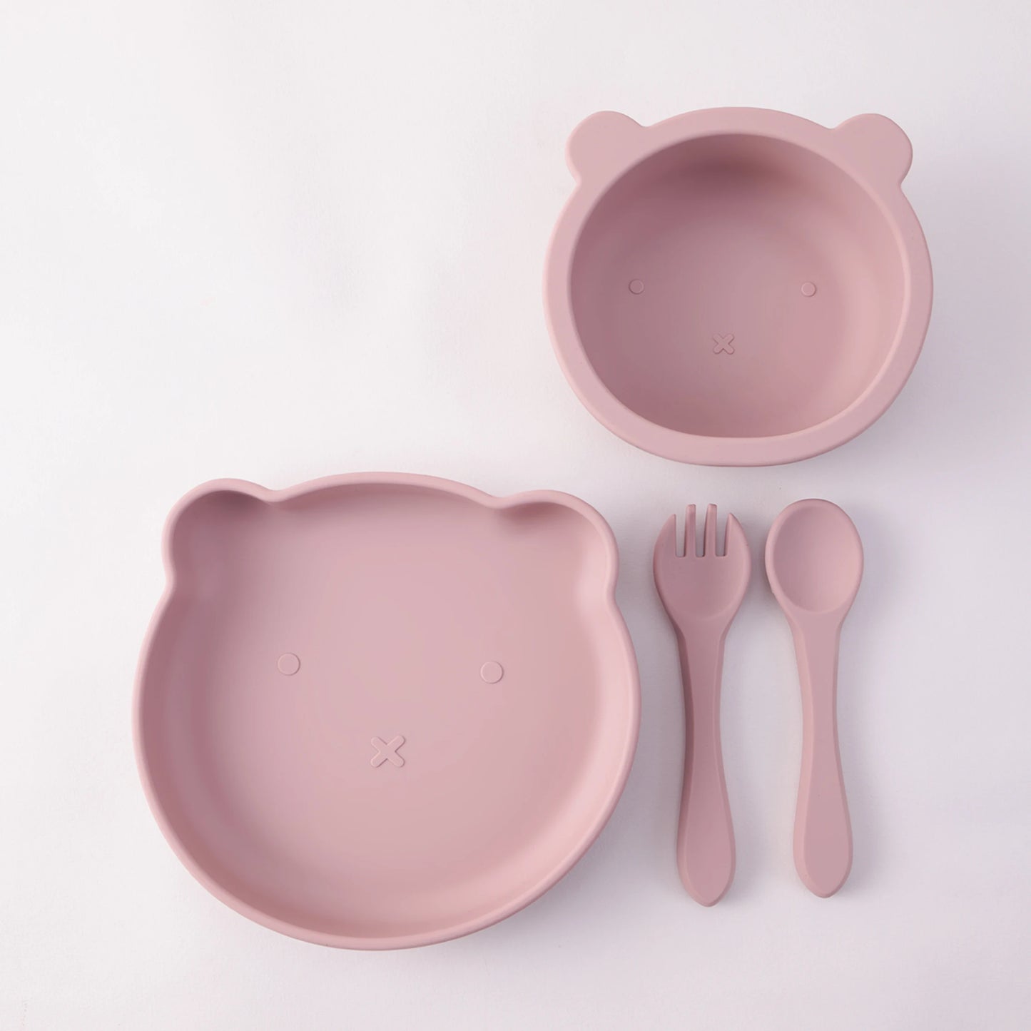 Kidslands® | Coffret repas bébé 4 pièces en silicone – Bol ventouse, assiette, cuillère & fourchette