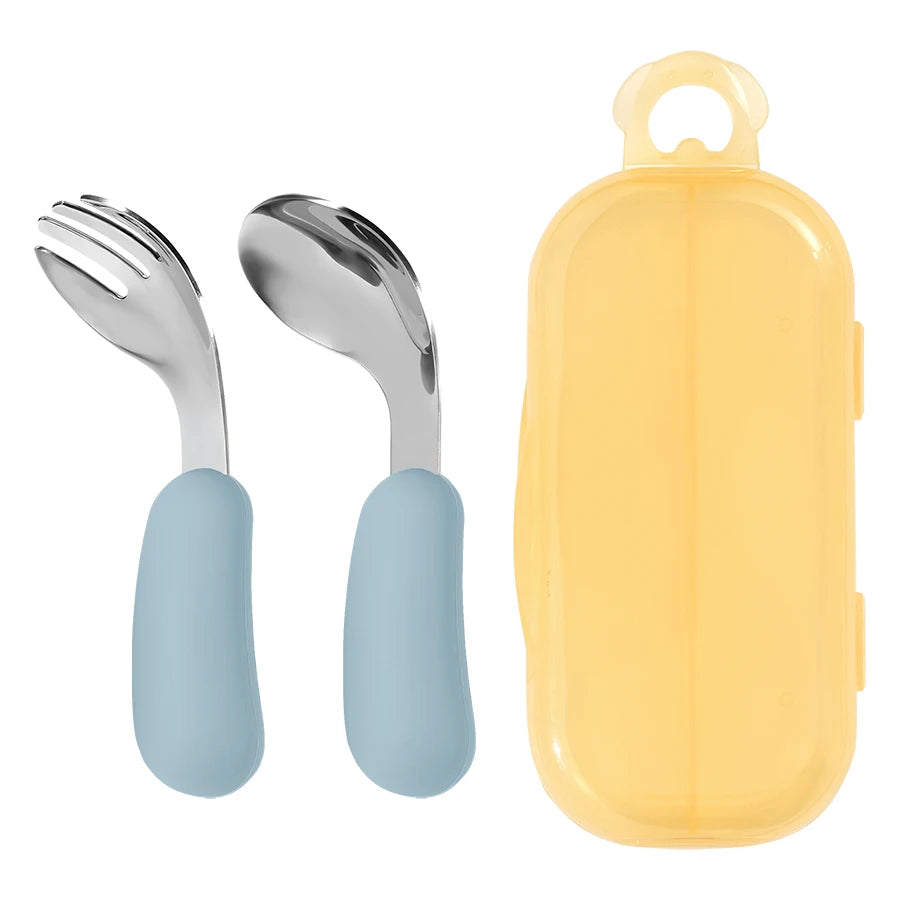 Kidslands® | Set Couverts Bébé Silicone & Inox – Cuillère + Fourchette Apprentissage Ergonomique
