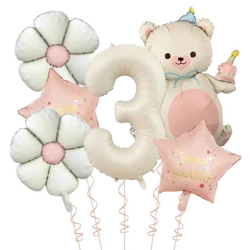 Kidslands® | Set Ballons Marguerite Chiffre & Ourson – 6pcs | Déco Anniversaire & Baby Shower