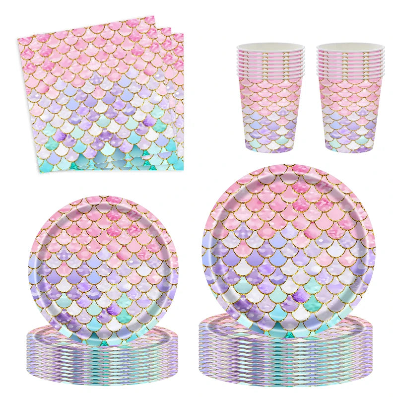 Kidslands® | Kit Vaisselle Jetable Sirène – Thème Océan Assiettes, Gobelets, Serviettes & Décorations