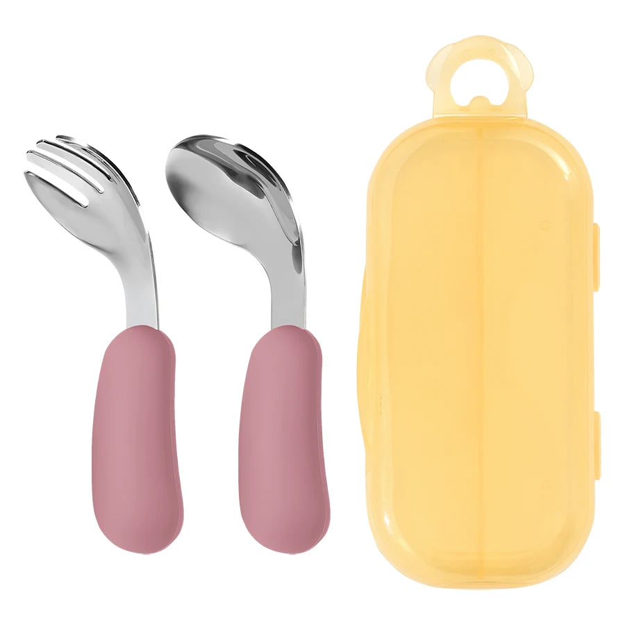 Kidslands® | Set Couverts Bébé Silicone & Inox – Cuillère + Fourchette Apprentissage Ergonomique