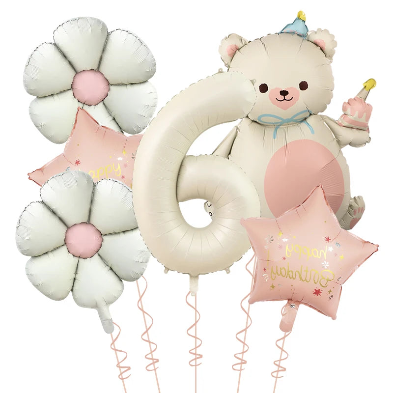 Kidslands® | Set Ballons Marguerite Chiffre & Ourson – 6pcs | Déco Anniversaire & Baby Shower