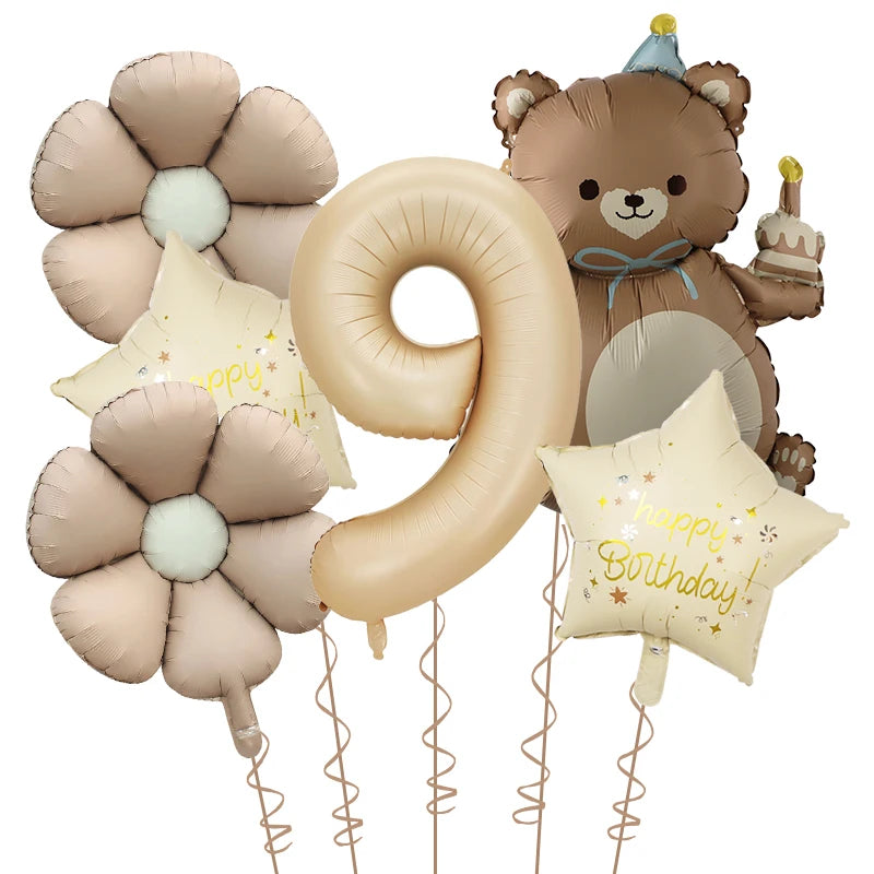 Kidslands® | Set Ballons Marguerite Chiffre & Ourson – 6pcs | Déco Anniversaire & Baby Shower
