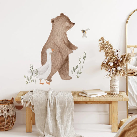 Kidslands® | Stickers Muraux Animaux Aquarelle – Ours, Oie & Abeille | Déco Murale Chambre Enfant Douce et Ludique