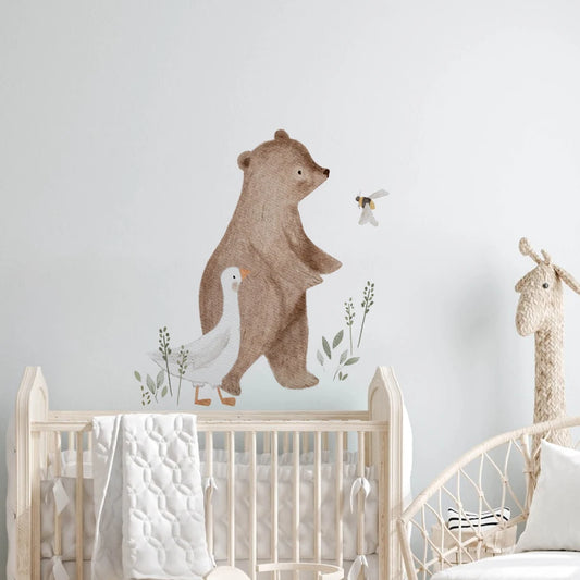 Kidslands® | Stickers Muraux Animaux Aquarelle – Ours, Oie & Abeille | Déco Murale Chambre Enfant Douce et Ludique