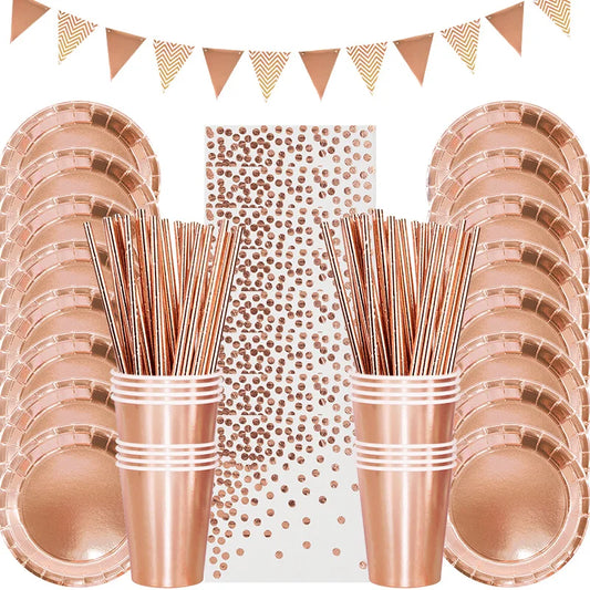 Kidslands® - Set Vaisselle Jetable Rose Gold | Anniversaire Enfant - Baby shower & Gender Reveal