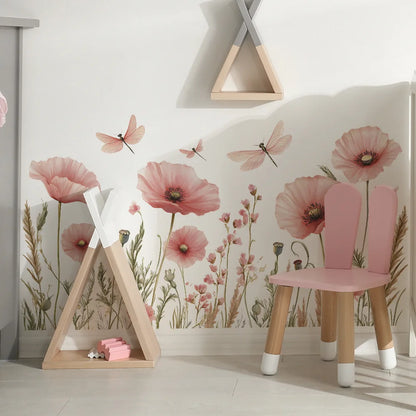 Kidslands® | Stickers Muraux Fleurs Aquarelle Coquelicot & Libellules –Déco Murale Panoramique Romantique Rose