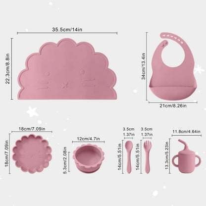 Kidslands® - Set Repas Bébé 7 pièces en Silicone – sans BPA - Set de table, Bol, Assiette, Cuillère, Fourchette, Gobelet & Bavoir Ajustable