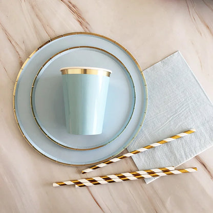 Kidslands® – Set Vaisselle Jetable Bleu & Doré | Assiettes, Gobelets, Serviettes & Pailles pour Baby Shower ou Anniversaire