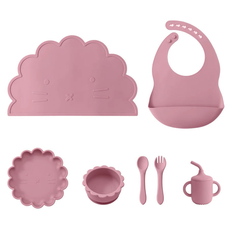 Kidslands® - Set Repas Bébé 7 pièces en Silicone – sans BPA - Set de table, Bol, Assiette, Cuillère, Fourchette, Gobelet & Bavoir Ajustable