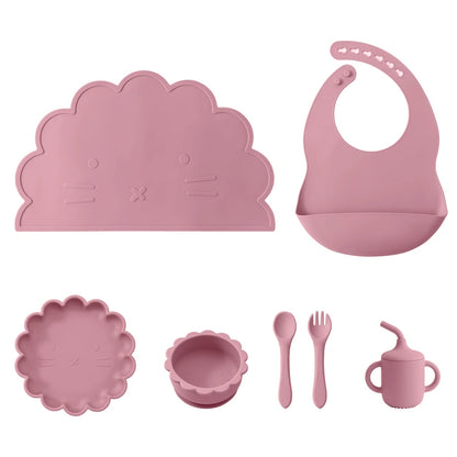 Kidslands® - Set Repas Bébé 7 pièces en Silicone – sans BPA - Set de table, Bol, Assiette, Cuillère, Fourchette, Gobelet & Bavoir Ajustable