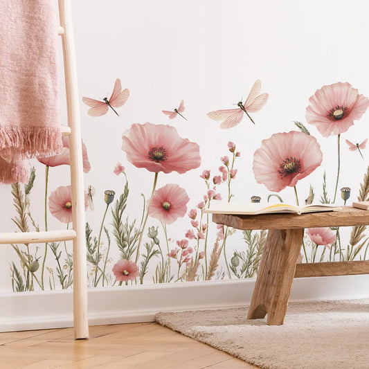 Kidslands® | Aquarell-Blumen-Wandaufkleber Mohn & Libellen – Romantisches rosa Panorama-Wanddekor