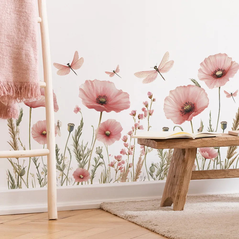 Kidslands® | Stickers Muraux Fleurs Aquarelle Coquelicot & Libellules –Déco Murale Panoramique Romantique Rose