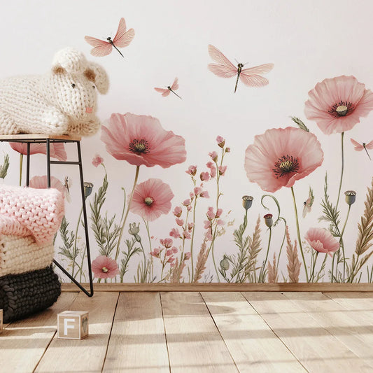 Kidslands® | Stickers Muraux Fleurs Aquarelle Coquelicot & Libellules –Déco Murale Panoramique Romantique Rose