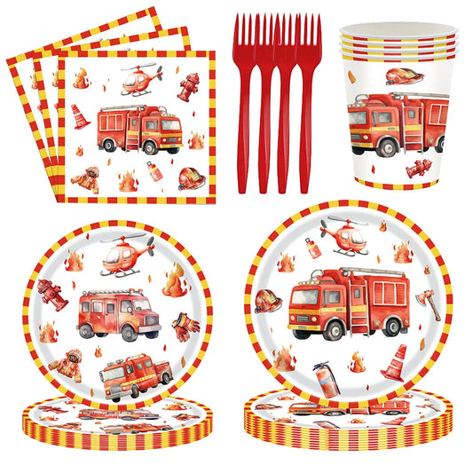 Kidslands® – Vaisselle Jetable Thème Camion de Pompier Assiettes, Gobelets, Couverts, Serviettes pour Fête d’Anniversaire Enfant