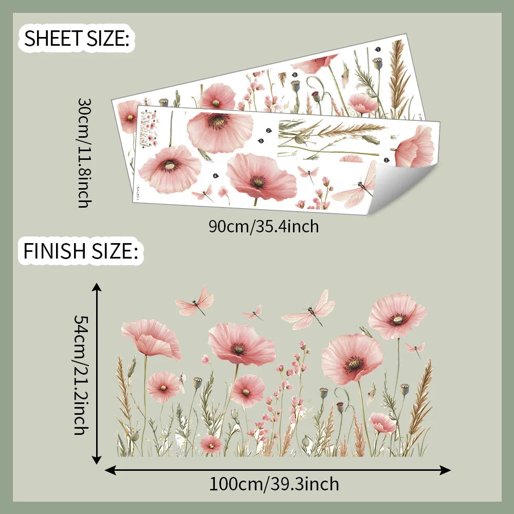 Kidslands® | Stickers Muraux Fleurs Aquarelle Coquelicot & Libellules –Déco Murale Panoramique Romantique Rose