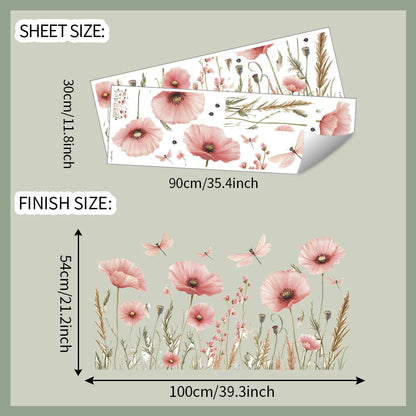 Kidslands® | Stickers Muraux Fleurs Aquarelle Coquelicot & Libellules –Déco Murale Panoramique Romantique Rose