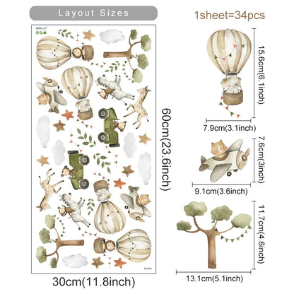 Kidslands® | Stickers Muraux ludique Aquarelle avec Montgolfière, Avion, Animaux & Arbres – Déco Murale Enfant & Bébé