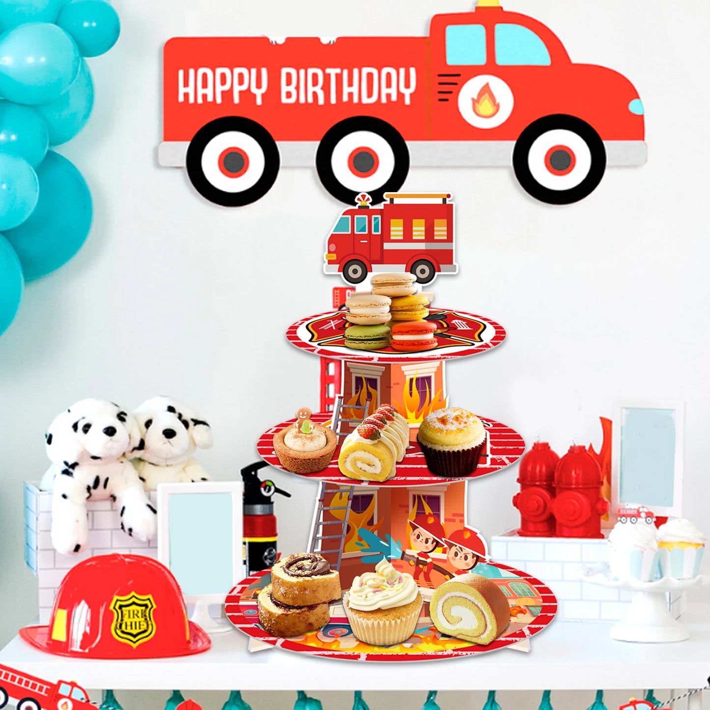 Kidslands® – Présentoir à Cupcakes Camion de Pompier Tour à Cupcakes 3 Étages – Déco Anniversaire Thème Pompier