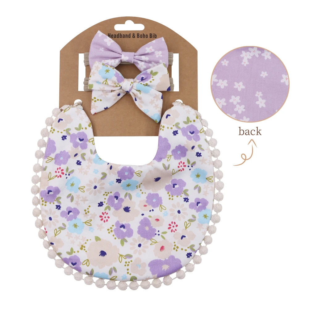 Kidslands® | Lot de 1 Bavoir Réversible Bandana Bébé - Motifs Fleuris + 2 Bandeaux Cheveux Assortis