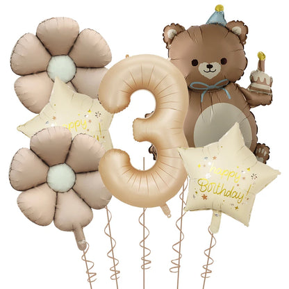 Kidslands® | Set Ballons Marguerite Chiffre & Ourson – 6pcs | Déco Anniversaire & Baby Shower