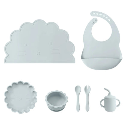 Kidslands® - Set Repas Bébé 7 pièces en Silicone – sans BPA - Set de table, Bol, Assiette, Cuillère, Fourchette, Gobelet & Bavoir Ajustable