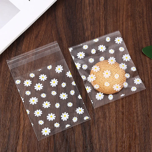 Kidslands® - Lot de 50/100 Sachets Cadeaux Plastiques Marguerites – Sacs de Rangement Transparents pour Fête, Mariage, Cookies ou Cadeaux