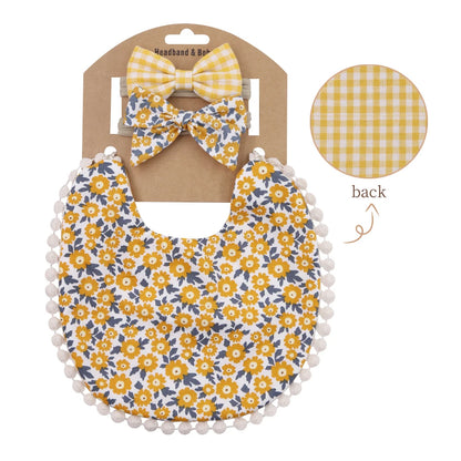 Kidslands® | Lot de 1 Bavoir Réversible Bandana Bébé - Motifs Fleuris + 2 Bandeaux Cheveux Assortis