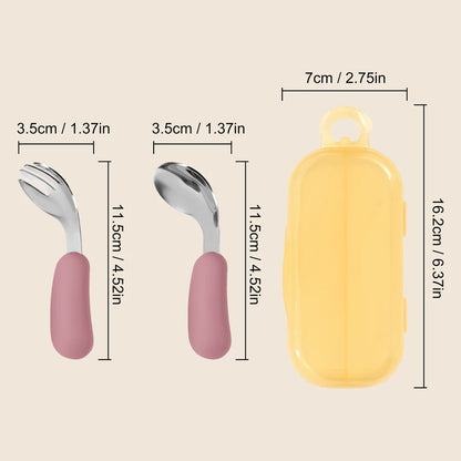 Kidslands® | Set Couverts Bébé Silicone & Inox – Cuillère + Fourchette Apprentissage Ergonomique