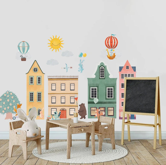 Kidslands® – Stickers Muraux Maison, Montgolfière & Animaux | Décor Géant pour Chambre Bébé et Enfant