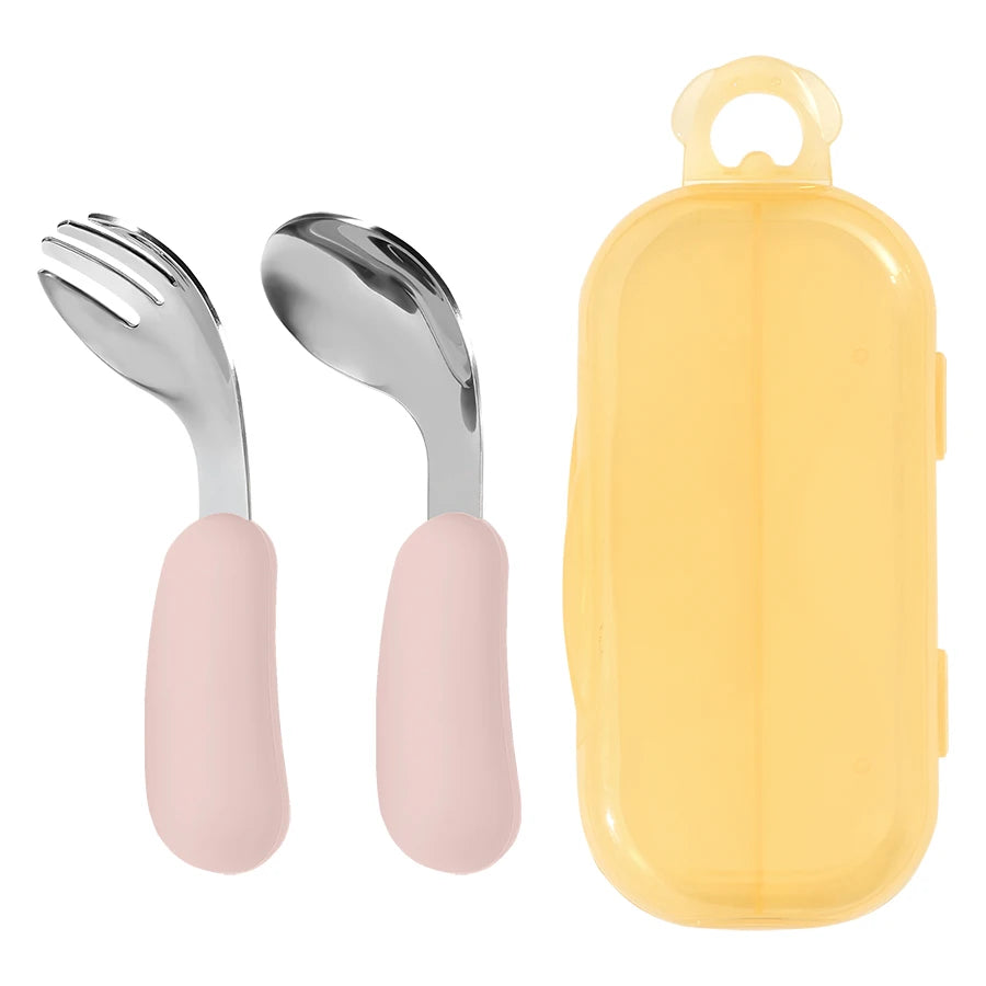Kidslands® | Set Couverts Bébé Silicone & Inox – Cuillère + Fourchette Apprentissage Ergonomique