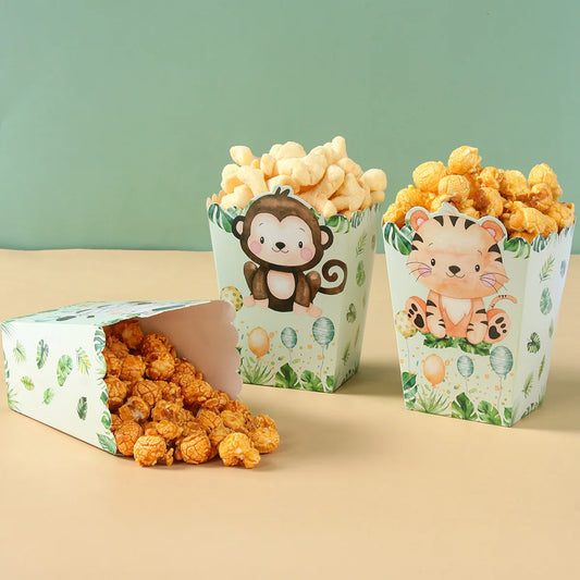 Kidslands® | Lot de 6 Boîtes Popcorn Animaux de la Jungle – Boîtes à Friandises en Papier | Anniversaire, Baby Shower, Soirée Cinéma