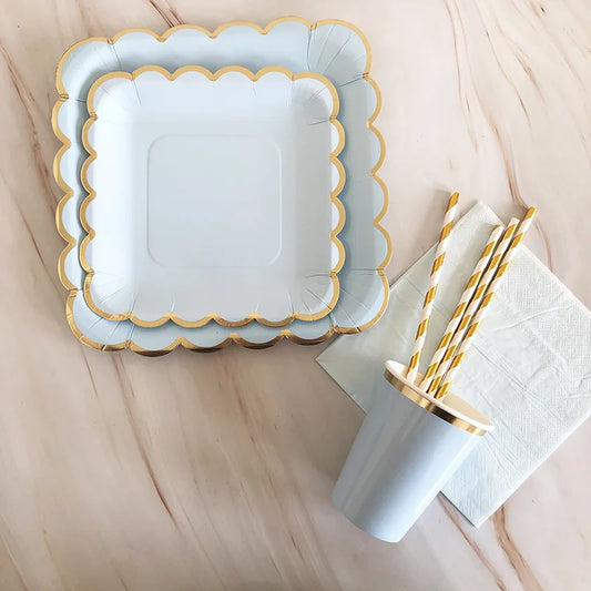 Kidslands® – Set Vaisselle Jetable Bleu & Doré | Assiettes, Gobelets, Serviettes & Pailles pour Baby Shower ou Anniversaire