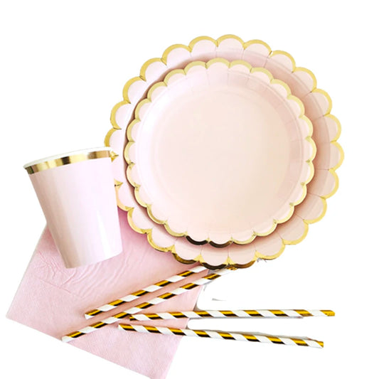 Kidslands® – Set Vaisselle Jetable Rose & Doré | Assiettes, Gobelets, Serviettes & Pailles pour Baby Shower ou Anniversaire