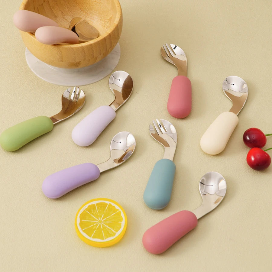 Kidslands® | Set Couverts Bébé Silicone & Inox – Cuillère + Fourchette Apprentissage Ergonomique