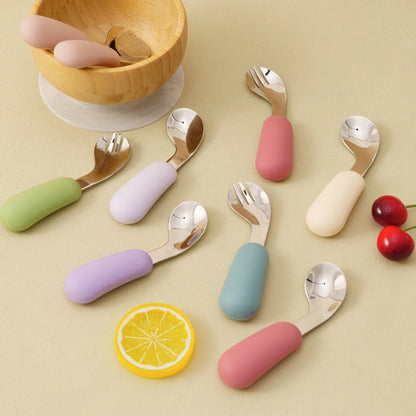 Kidslands® | Set Couverts Bébé Silicone & Inox – Cuillère + Fourchette Apprentissage Ergonomique