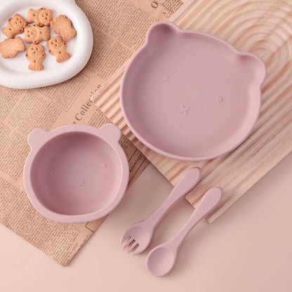 Kidslands® | Coffret repas bébé 4 pièces en silicone – Bol ventouse, assiette, cuillère & fourchette