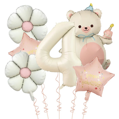 Kidslands® | Set Ballons Marguerite Chiffre & Ourson – 6pcs | Déco Anniversaire & Baby Shower